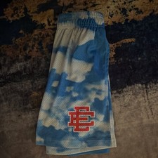 Eric Emanuel Mesh Basketball Shorts Blue White Cloud Print Adjustable Waist