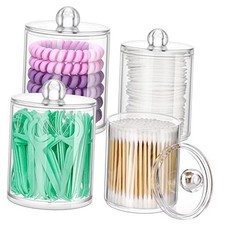 Qtip Holder Dispenser - 4 Pack 10oz, 12oz Clear Plastic Apothecary Jars Set -