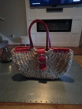 Sun N Sand Rattan Woven W/ Red Leather Handles Tote Bag Purse 
