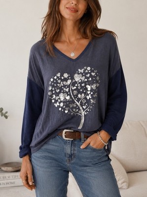 NT By Amati Mixed Media Foil Heart Long Sleeve V-neck Top In Navy One Size