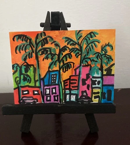 ACEO Original inspired Palm City of Many Colors Painting, Signed By Artist
