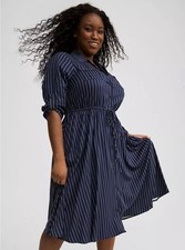 Torrid Navy Paula Pinstripe Midi Challis Shirt Dress Sz 1X Coastal Preppy