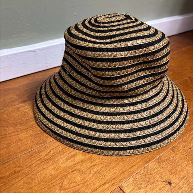 Eric Javits Squishee Womens Bucket Hat Beige Black Stripe UPF 50+ Beach Bohemian - Image 3 of 4