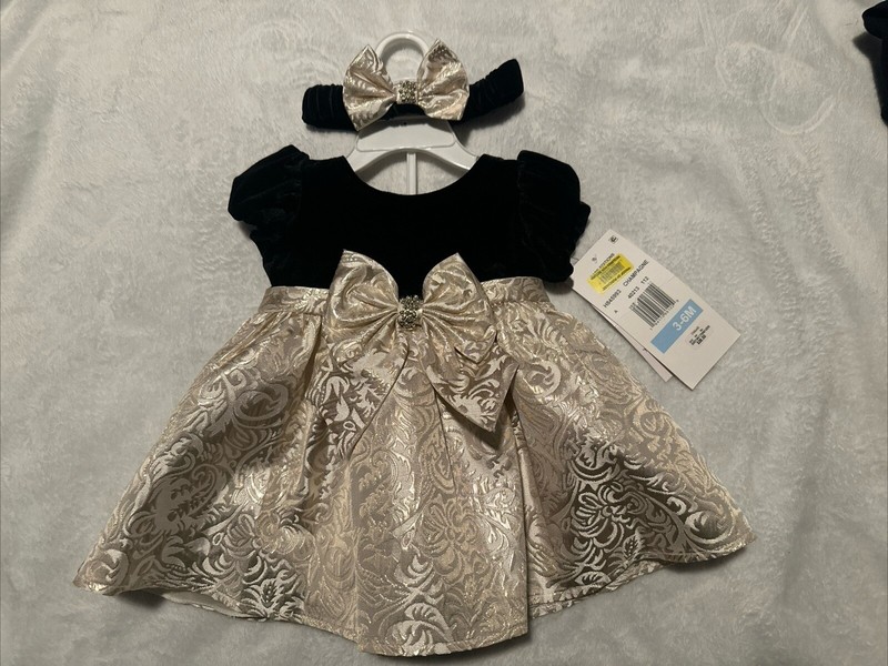Rare Edition Infant Girls Stretch Velvet Brocade Dress With Headwrap