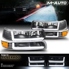 [LED LIGHT BAR DRL]4PCS L+R Black Headlight+Bumper for 1999-2006 Chevy Silverado
