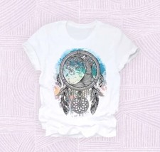 NEW Women’s T-shirt SIZE MP Tops White with  Dream Feather Printed Design