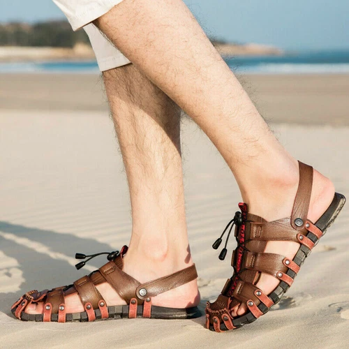 Herren Leder Strandsandalen Sandaletten Schnürung Mode Trekking Sommer Schuhe DE - Bild 10 von 24