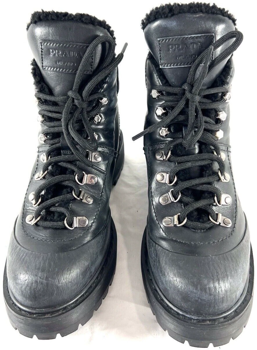 Stivali da trekking Prada in pelle nera shearling donna 3T5920 contrassegnati come 39 5 9 5 US