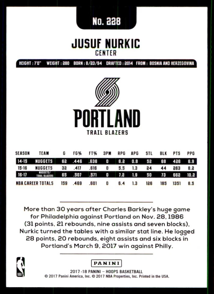 2017-18 Hoops Jusuf Nurkic Portland Trail Blazers #228 - Image 2 of 2