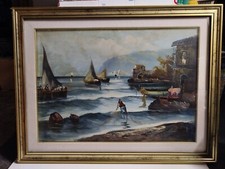 QUADRO Olio su Tela Paesaggio Marina Pescatori Napoletana Con Cornice 