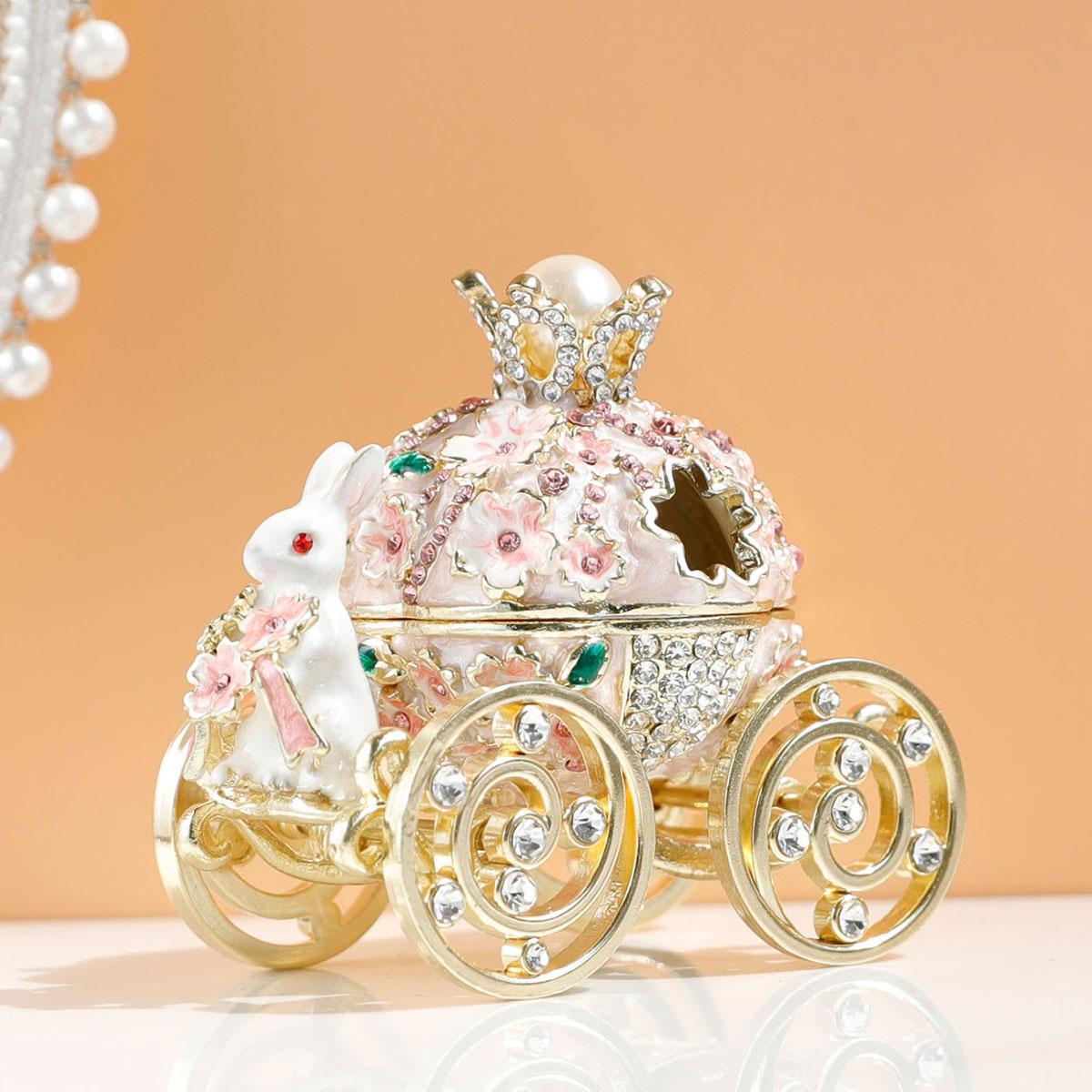 Jewelry Box Metal Rabbit Carriage Romantic Carved Enameled Small Multicolor Gift