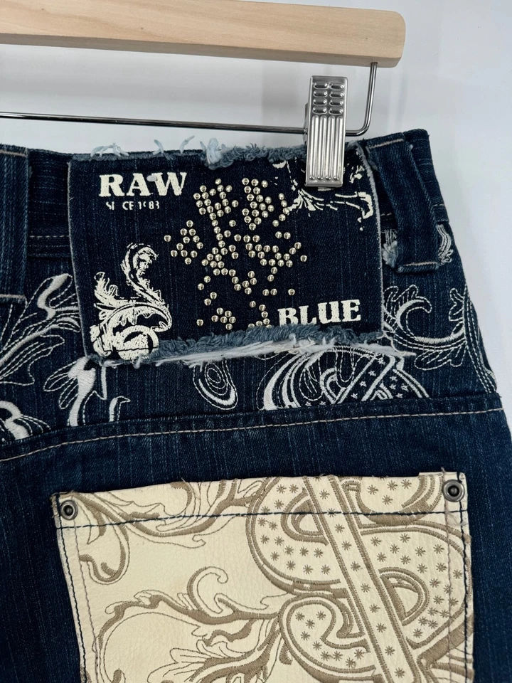 Pantalones de mezclilla azul crudo para hombre Y2K azul bordado dobladillo crudo pierna recta Foto 4 de 4