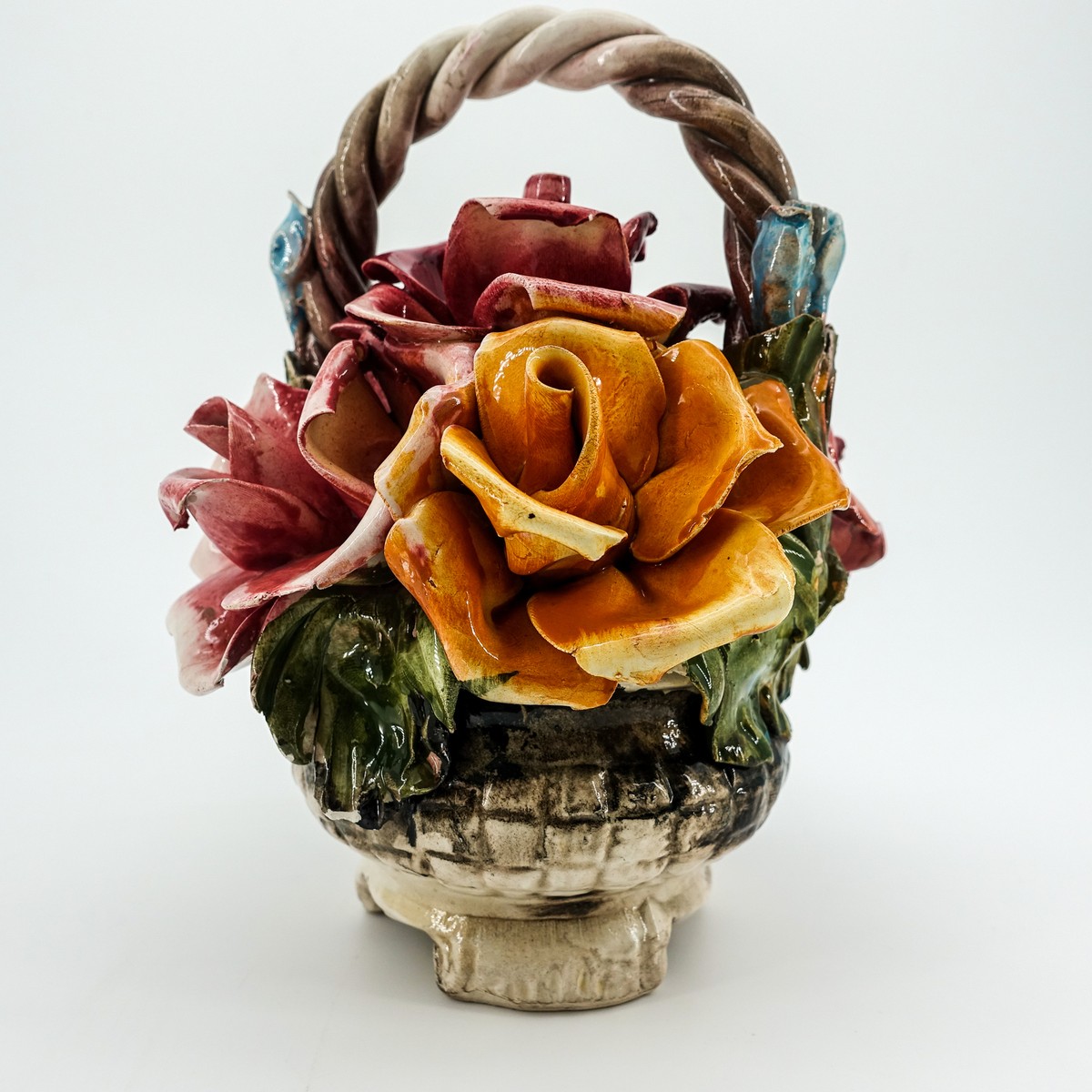 Vtg CAPODIMONTE Crown Mark Rose Flower Basket Orange Pink Blue