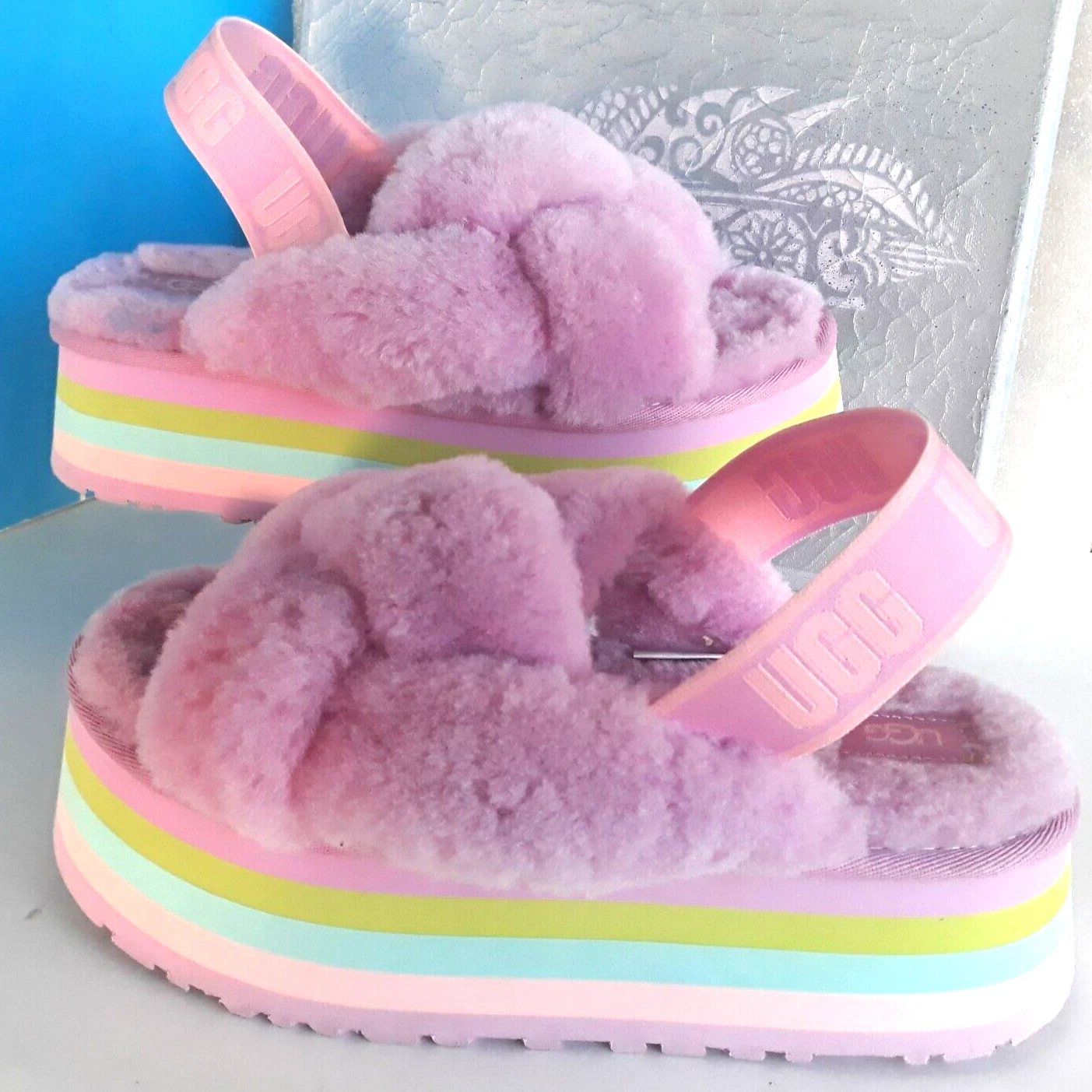 Sandali UGG Disco Knot ~ Shearling Platform Slingback Wildflower taglia 7 ~ belli