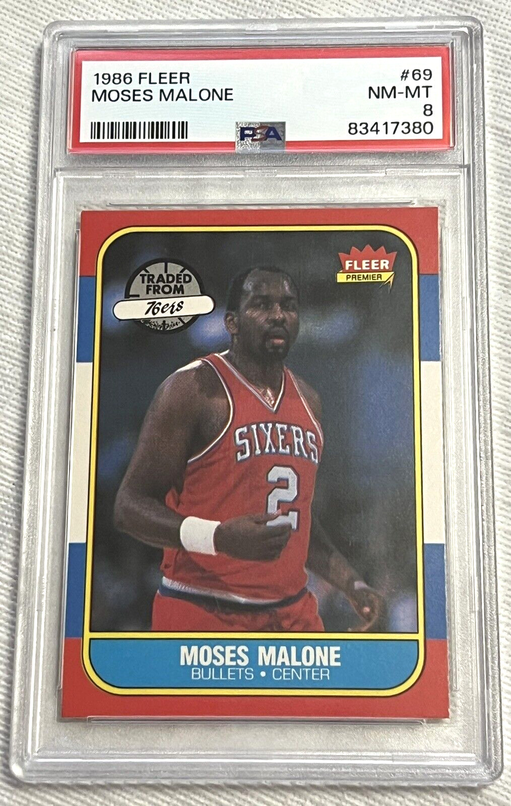 💥 1986 Fleer 🏀 💥 Moses Malone #69  - PSA 8 NM-MT - Philadelphia 76ers