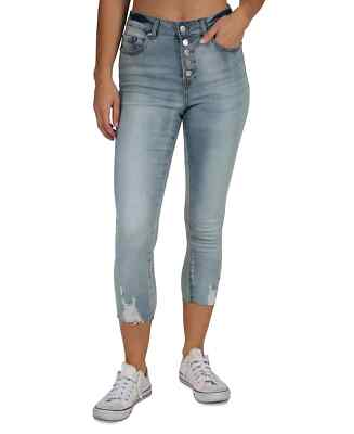 Indigo Rein Women's Juniors Blue High Rise Distressed Cropped