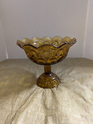 Vintage L.E. Smith Moon and Stars Amber Glass Footed Compote