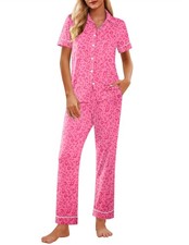 Ekouaer Womens Pajama Sets 2 Piece Button Down Medium, Hot Pink Leopard Print