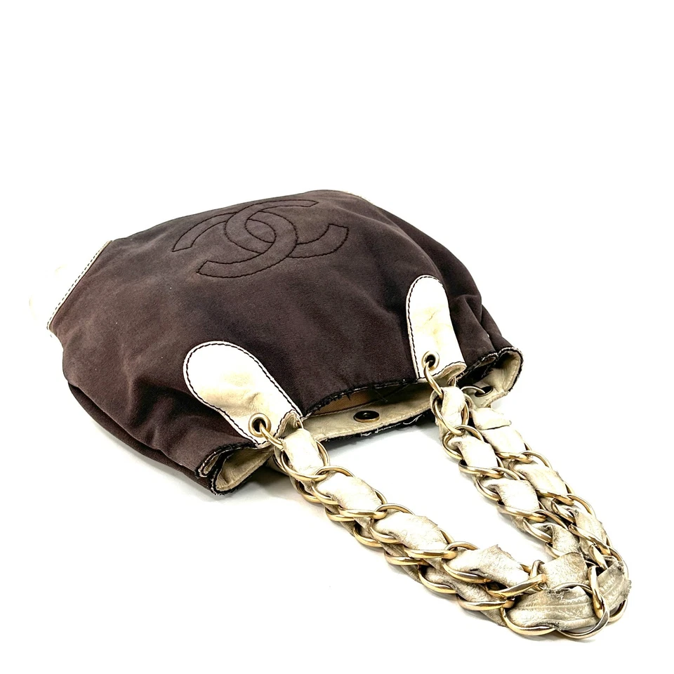 CHANEL Canvas Leather Chain Tote Bag Large Brown Ivory CC Logo Authentic - Image 4 of 4