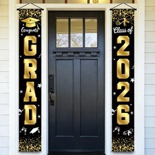 Class of 2026 Graduation Banner Door Porch Signs, Black  Gold Grad Party Decor