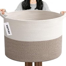 Large Woven Blanket Basket,65L Cotton 19.7"L x 19.7"W x 13"H 65L White Brown
