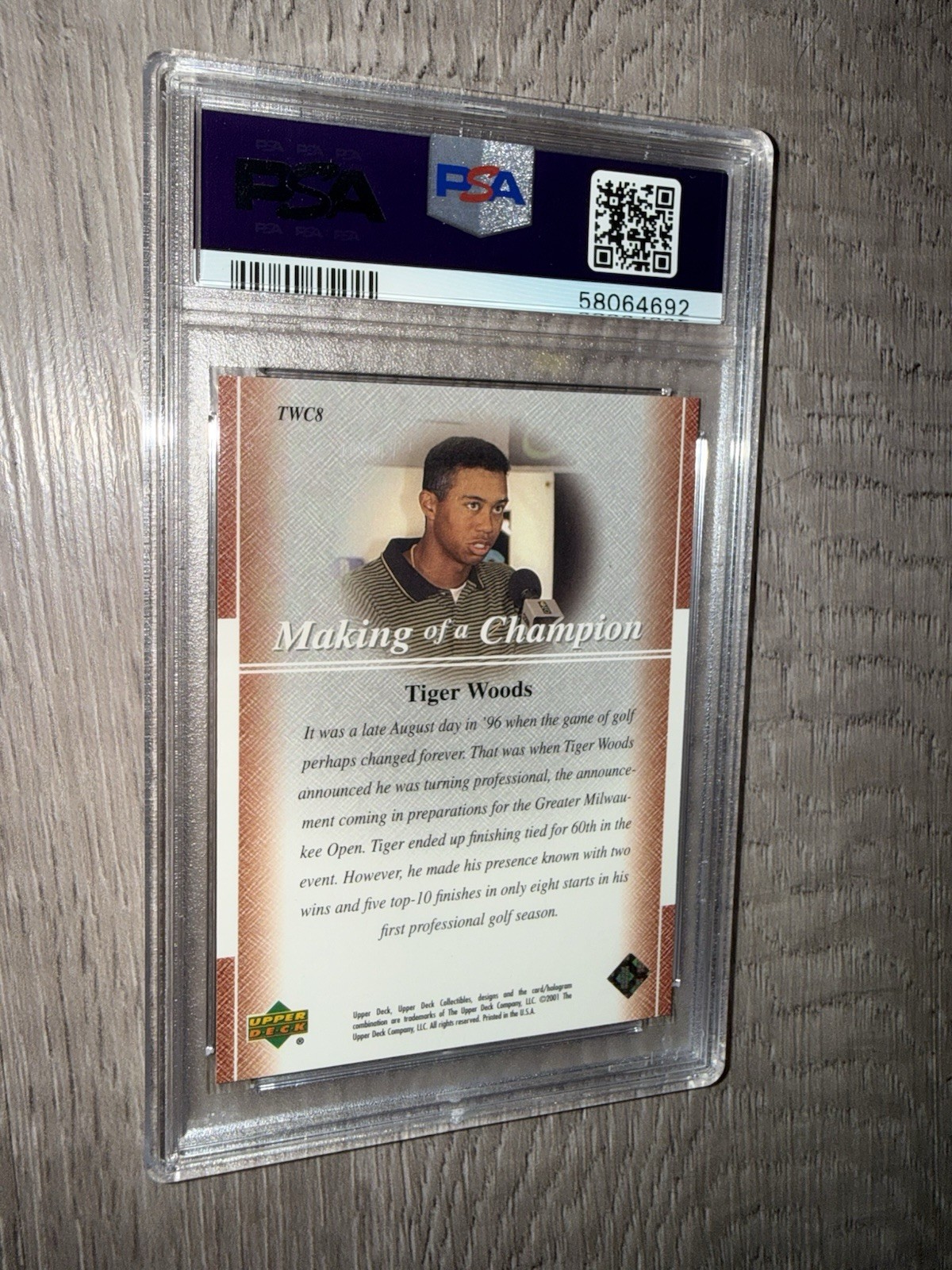 2001 Upper Deck Golf Tiger Woods Collection #TWC8 PSA 9 Mint Rookie Card view 2