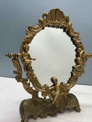 Vintage Style Ornate Gold Plastic Vanity Tabletop Mirror Cherub Rococo Decor