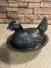 VTG Indiana Glass Iridescent Carnival Blue Hen on Nest Candy Dish 7” Chip