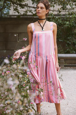 Free People Pink Primavera Striped Drop Waist Midi Sun Dress Nwt S
