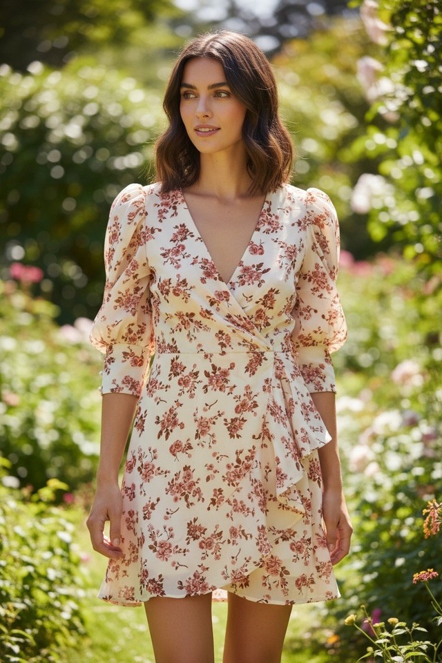 Who I Am Floral Wrap Dress Size 12 Cream Puff Sleeve Mini Boho