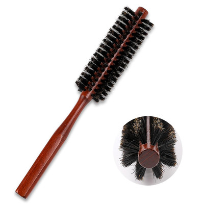 Small Boar Bristle Hair Brush, Portable Round Natural Bristle Travel Brush with