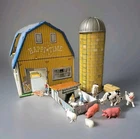 Vintage MARX Toys Happi-Time Farm Tin Litho Blue&Yellow Barn, Silo, Chicken Coop