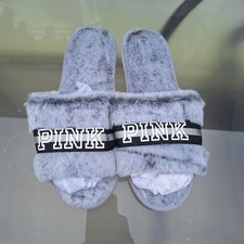 Victoria  s Secret PINK Cozy Soft Gray Slipper L 9-10 Fuzzy Furry Slides Open Toe