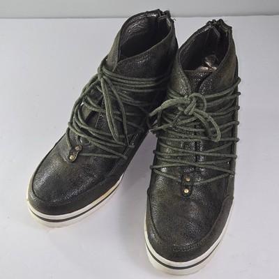 2 Lips Too Womens Wedge Ankle Boots Olive Green Lace Up Side Zip Size 8