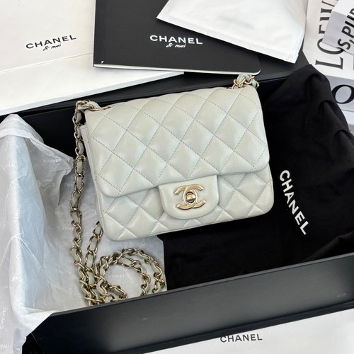 Chanel 23S Classic Flap Mini Gray Blue Lambskin Shoulder Crossbody Bag Duty Paid