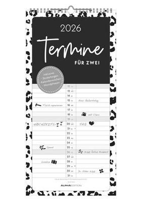 Familienplaner Planer Termine für 2 Black and White 2026 - 22 x 45 cm m. Sticker