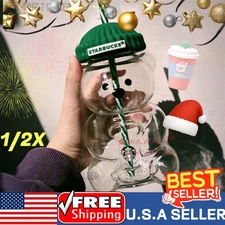 2026 Starbucks Barista Bear Glass Jar Cold Cup With Straw Christmas Gift HOT
