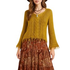 Boho Fringe Knit Sweater Mustard Yellow Bell Sleeve Braided Detail Medium