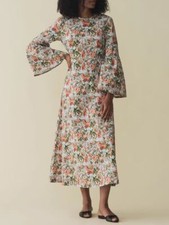 Women Doen Round Neck Floral Long Sleeve A-line Midi Dress