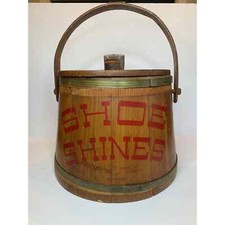 Vintage 1950's "SHOE SHINES" Wooden Bucket with Cover, Handle and Brushes