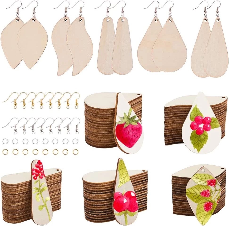 SUNNYCLUE 300Pcs 5 Shapes Unfinished Wooden Earrings Blanks Kit Unfinished  Wood