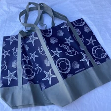 Reusable Shopping Bag Lot 2 Sea Shells Starfish Ocean Theme Blue Gray