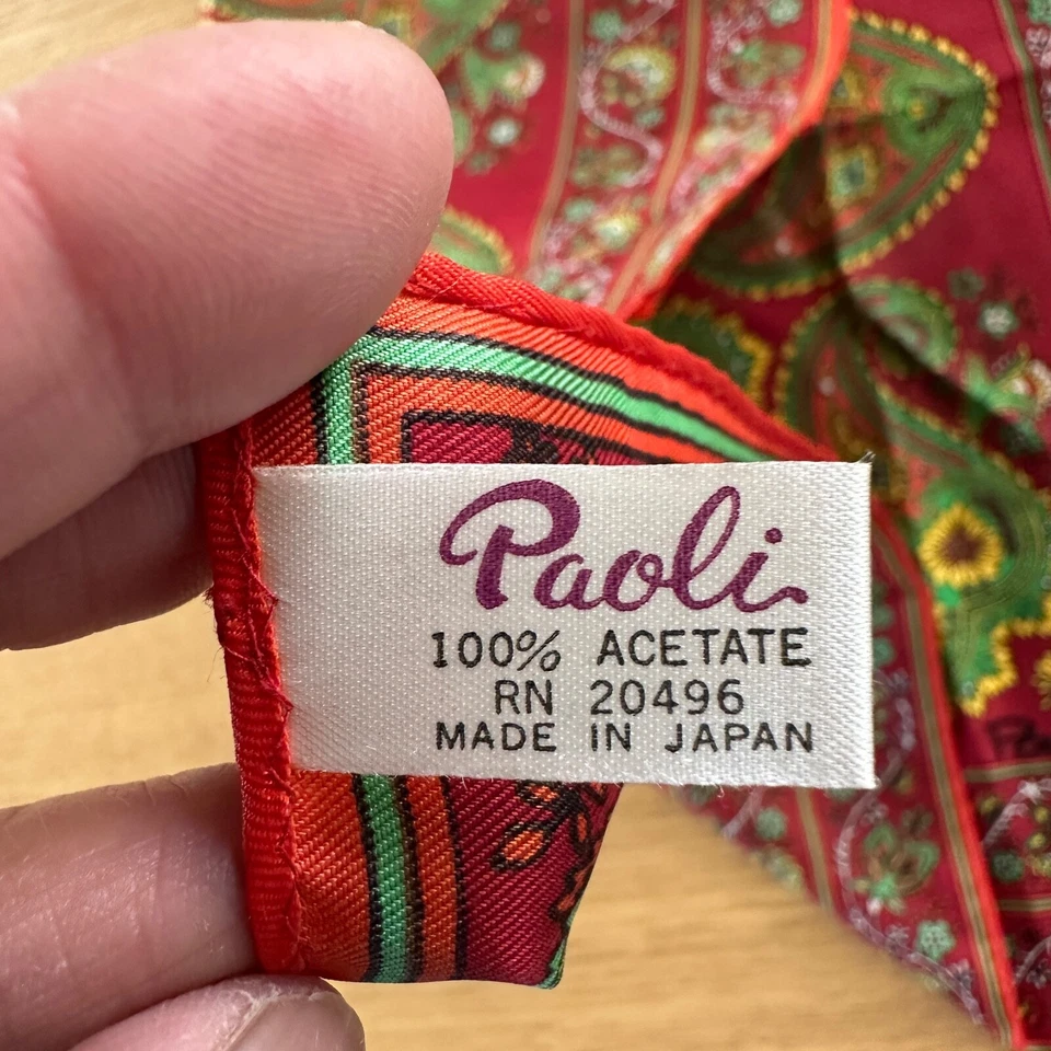 Paoli Bufanda Vintage 27" X 27" Acetato Hecho en Japón Rojo Verde Amarillo Foto 4 de 4