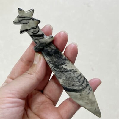5''+ Natural Black Network stone dagger Carved skull Quartz Crystal Skull Gem 1PC
