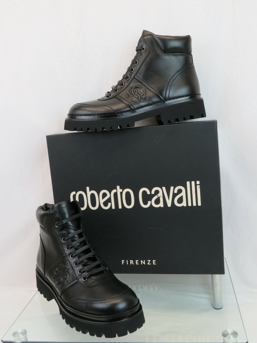 NIB ROBERTO CAVALLI BLACK LEATHER LOGO LACE UP COMBAT BOOTS  display picture 1