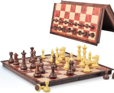 7.87 Inch Mini Magnetic Chess Set, Walnut-Style - Small Portable Pocket Folding 