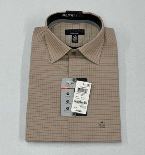 Alfani Men's Tech Checkered Regular Fit Button Down Dress Shirt, Tan, M - Picture 1 of 3