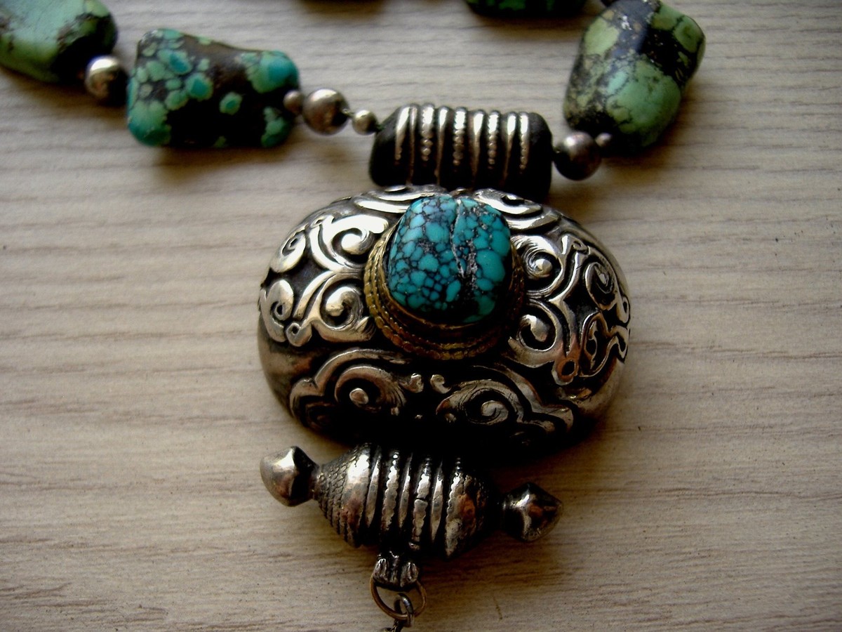 ANTIQUE TIBETAN SILVER GOLD AND TURQUOISE NECKLACE | eBay