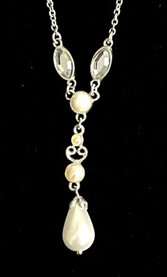 SAQ Signed Faux Pearl Teardrop Pendant Silver Tone Necklace 16'' & Faux Diamonds
