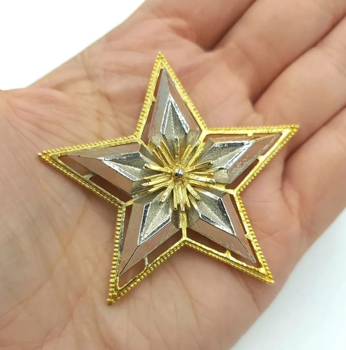 Vintage Silver and Gold Tone Star Brooch Pin Mid Century Modern MCM